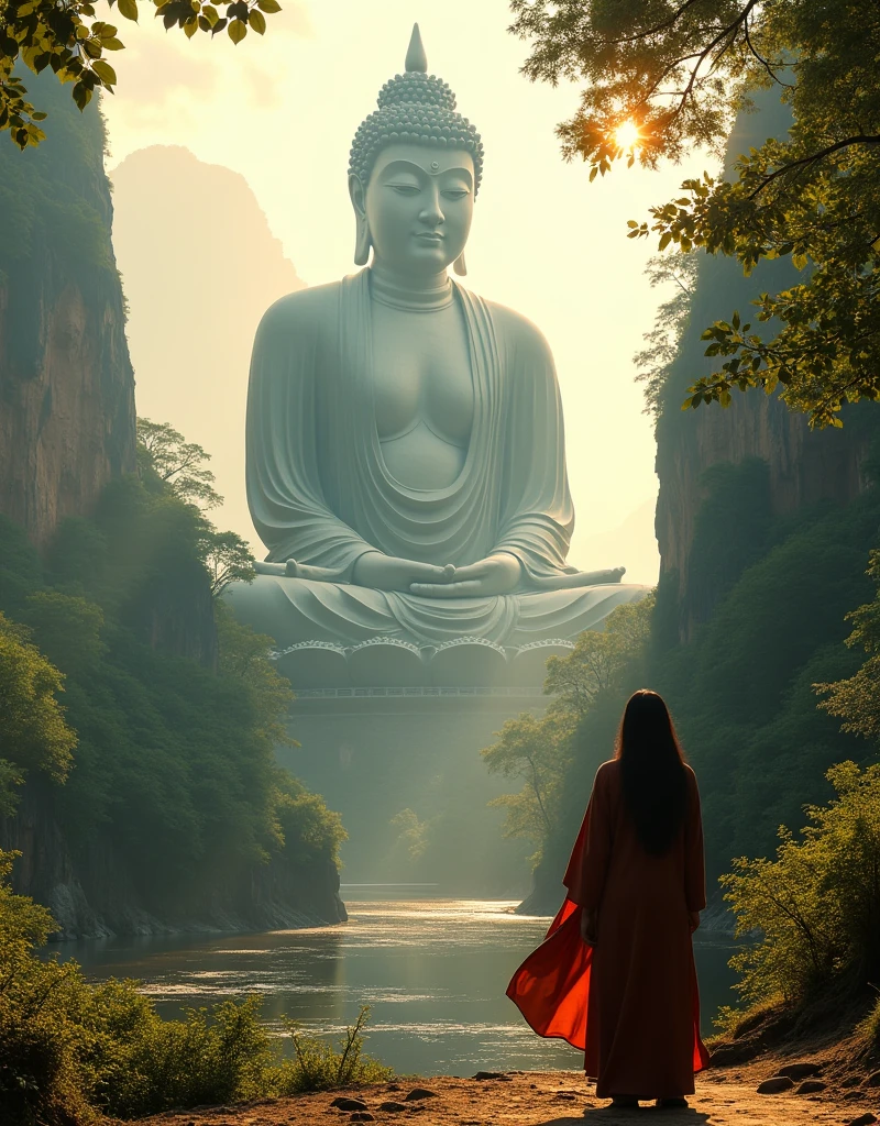 Help me design a scene of a person and the Leshan Giant Buddha Scenic Area. It can be of any style and angle, but the perspective light and shadow are reasonable