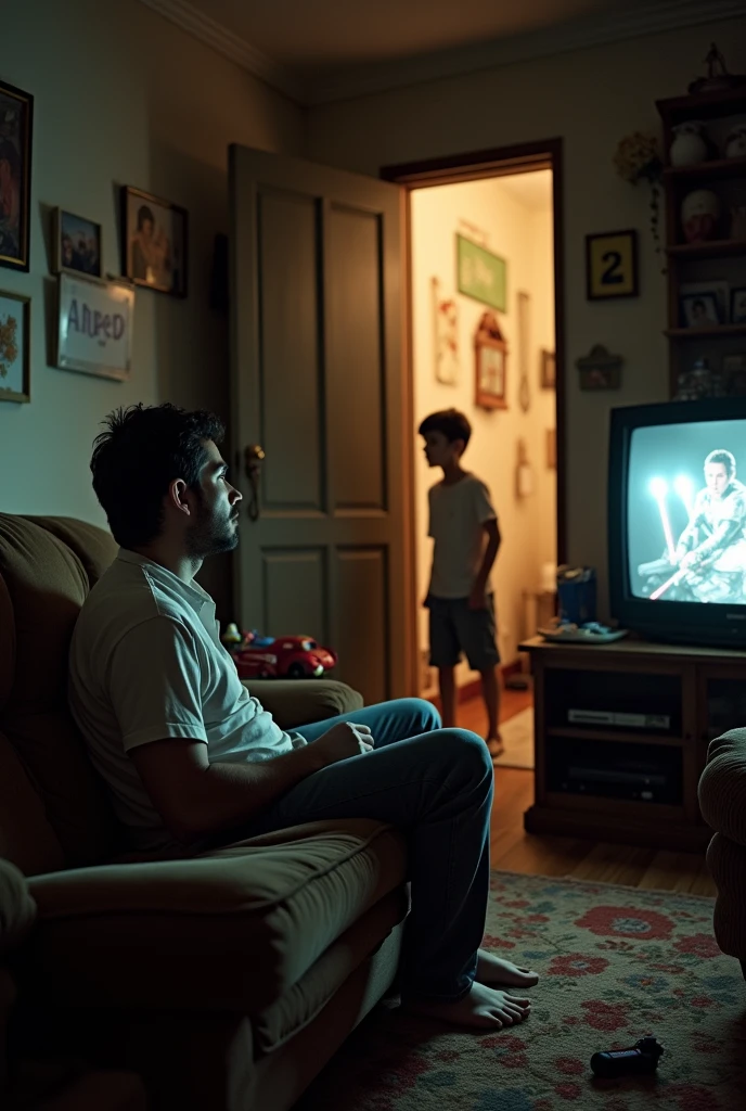 father watching tv and his 12 year old son calling him but the father is ignoring him