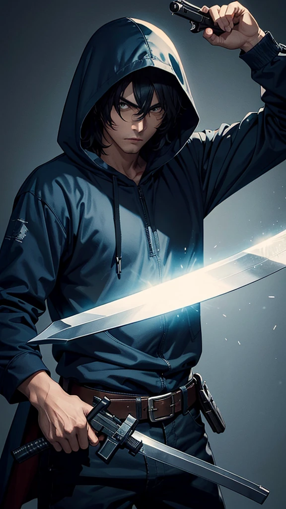 A man, wielding a sword and a gun, with a hood over his head.
He holds a sword and a gun.