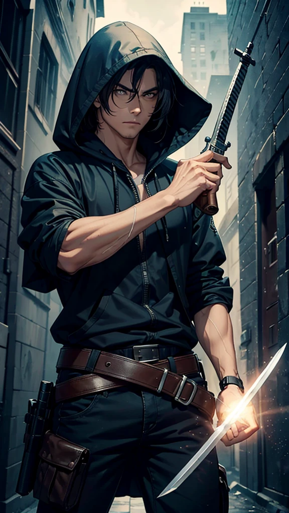 A man, wielding a sword and a gun, with a hood over his head.
He holds a sword and a gun.