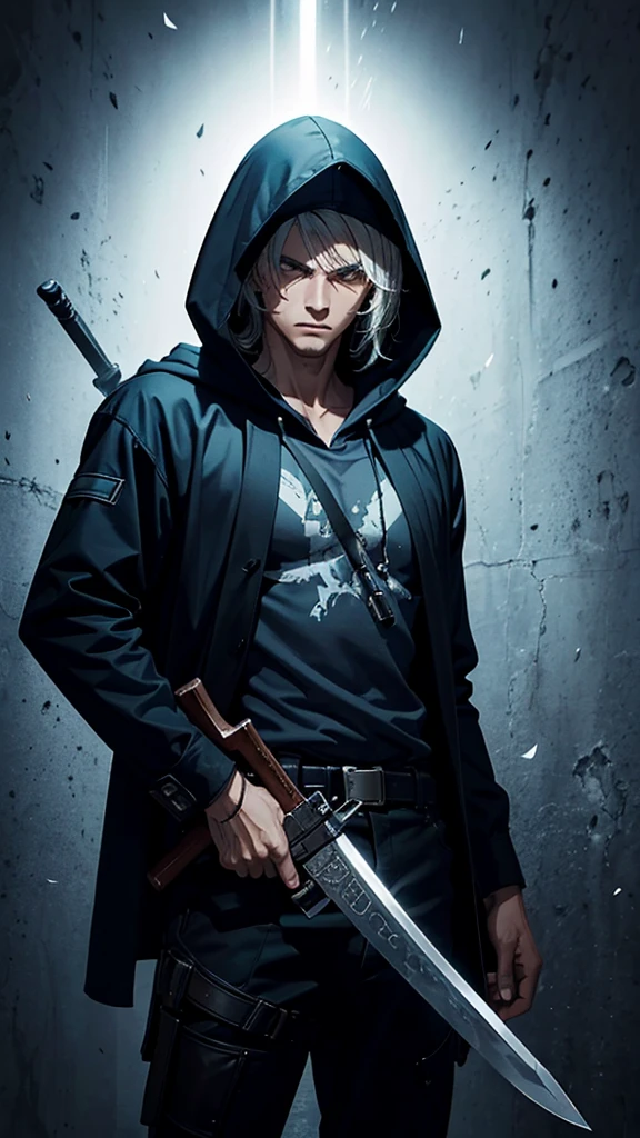 A man, wielding a sword and a gun, with a hood over his head.
He holds a sword and a gun.