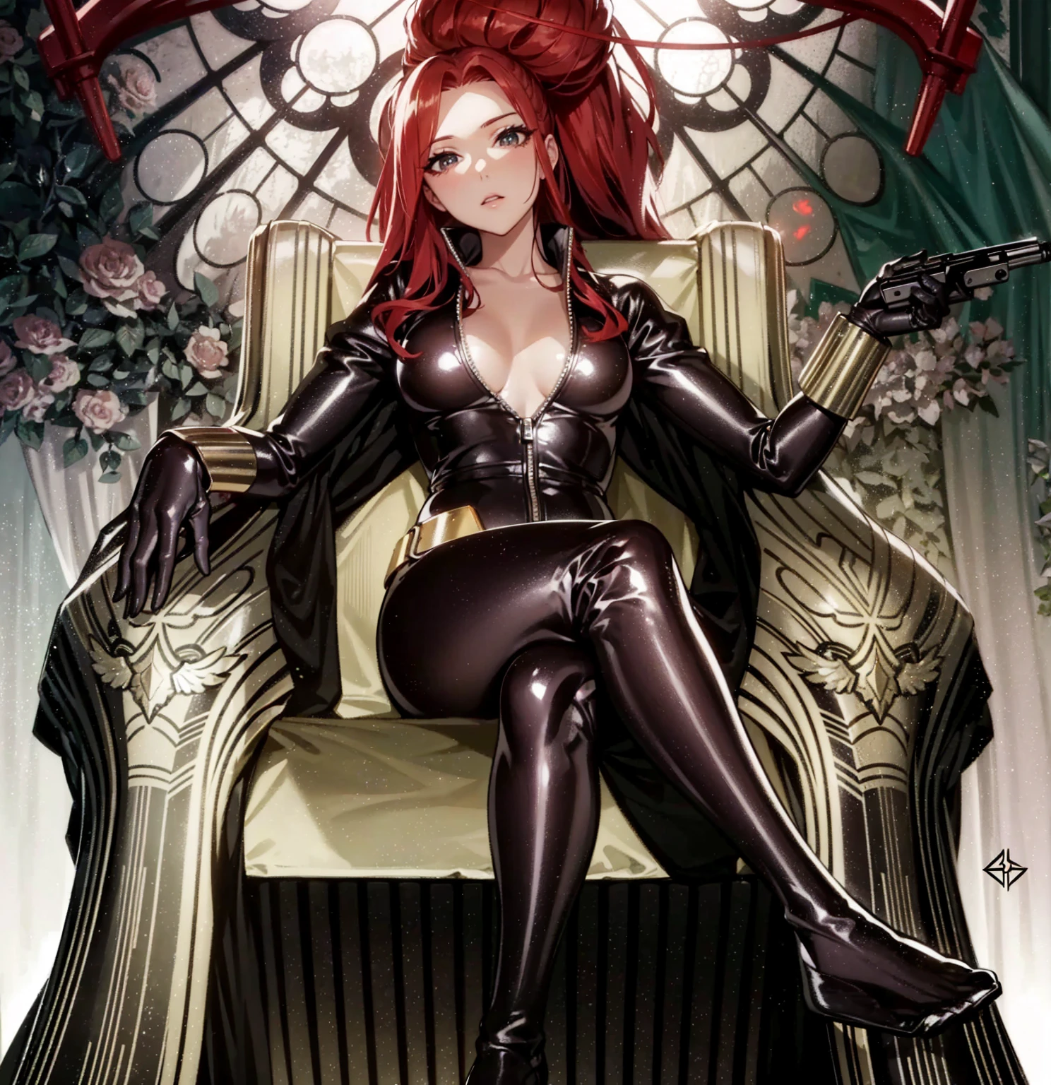 The image depicts a red-haired girl sitting on a throne. She sports a sleek skin-tight shiny black latex bodysuit with a deep-cut zipper neckline revealing a large chest, the silver zipper running down the front. The suit is complemented by her golden wrist guard on both wrists and a belt of shiny golden circles around her waist. The girl is portrayed as holding a gun in each of her hands, highlighting a sense of power and assertiveness. The backdrop consists of architectural features and the colour palette predominantly includes shades of gray.