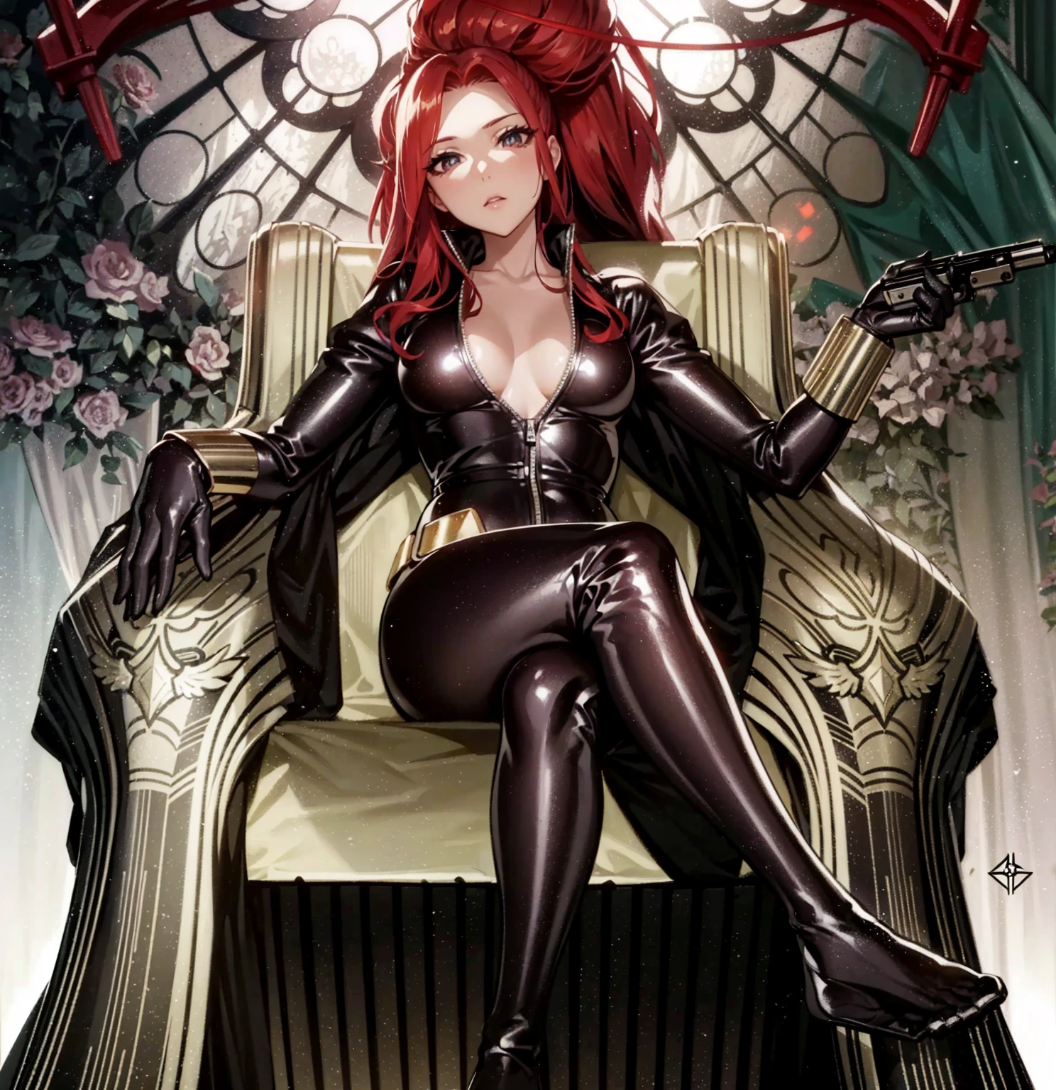 The image depicts a red-haired girl sitting on a throne. She sports a sleek skin-tight shiny black latex bodysuit with a deep-cut zipper neckline revealing a large chest, the silver zipper running down the front. The suit is complemented by her golden wrist guard on both wrists and a belt of shiny golden circles around her waist. The girl is portrayed as holding a gun in each of her hands, highlighting a sense of power and assertiveness. The backdrop consists of architectural features and the colour palette predominantly includes shades of gray.
