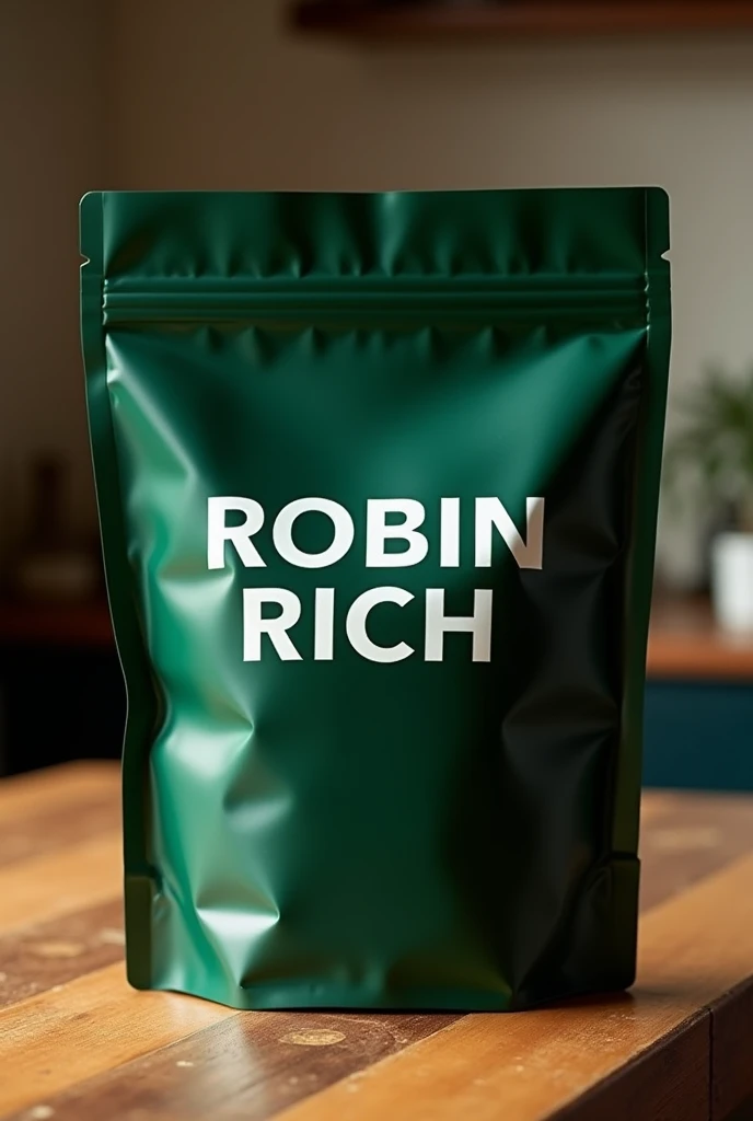Dark green HDPE polybag with ROBIN RICH written in white