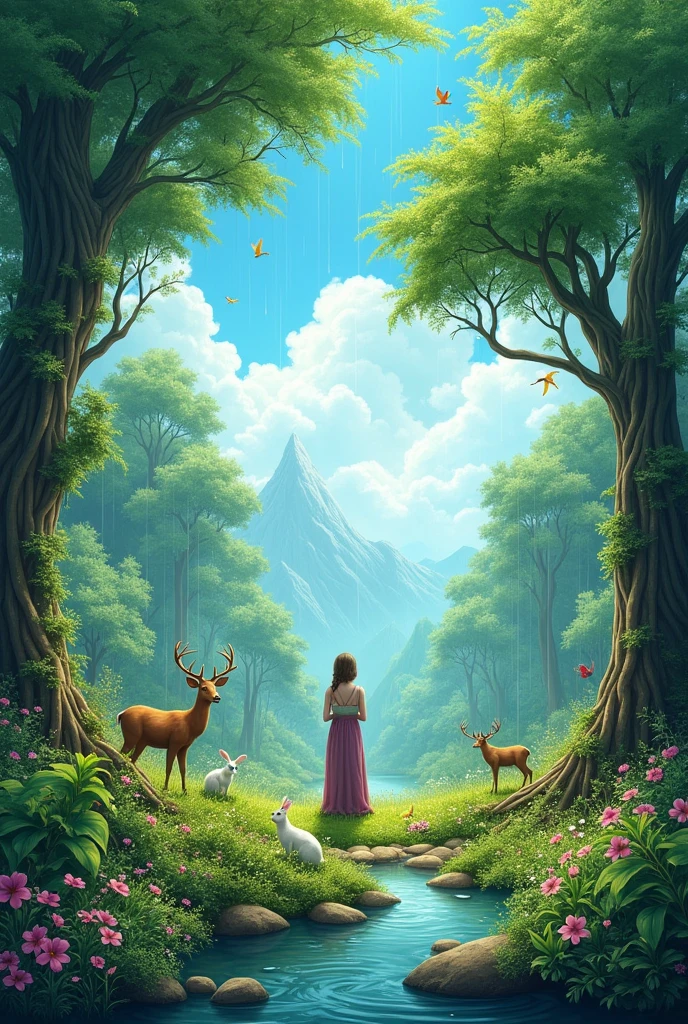 "Create a stunning and harmonious landscape showcasing the beauty of nature. Include a lush, verdant forest with tall, majestic trees and diverse plants. Add a variety of animals, such as deer and rabbits, gracefully interacting with their environment. Feature colorful birds perched on branches or flying through the sky. Incorporate a gentle rain shower with droplets visible, adding a touch of freshness. The sky should be filled with soft, fluffy clouds. Include a serene human figure, perhaps enjoying the natural scenery or engaged in a peaceful activity, blending naturally into the setting. The overall scene should evoke a sense of tranquility and the splendor of nature."