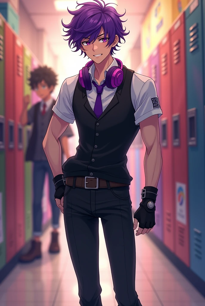 An anime guy in his mid-20s with purple eyes and curly purple hair, and he's wearing black jeans, boots, a white short-sleeved shirt, a purple tie and black fingerless gloves, He is wearing a black business vest, and on his neck hang purple headphones, and he's wearing a black sweatshirt that's unzipped , he's a little pumped up , The background is an anime school, specifically a school hallway.