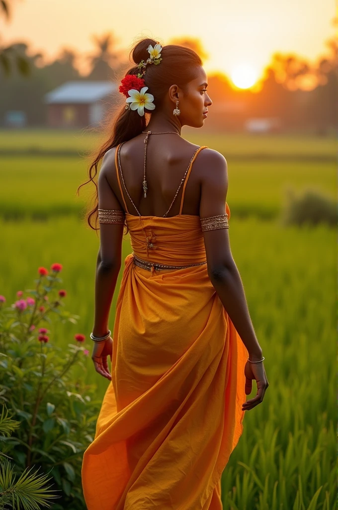ഒരു ഇരുനിറം മുള്ള നാടൻ പെണ്ണ് ഗ്രാമീണ വേഷം വസ്ത്രം മുണ്ട് മുലകച്ച കേട്ടിരിക്കുന്നു വയൽ വരമ്പിലൂടെ നടക്കുന്നു