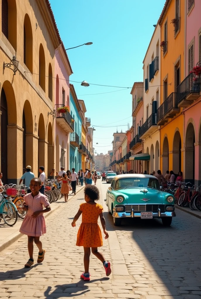 A city looking like italian,cities,like roma (asmara,eritrea). Kids playing around in the broad streets,and some bicycles along with the cars