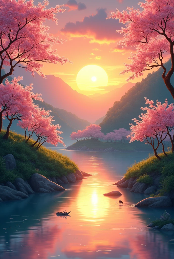 Anime The sunsets over the river valley to cause the golden glow on water illuminating th lush hills  