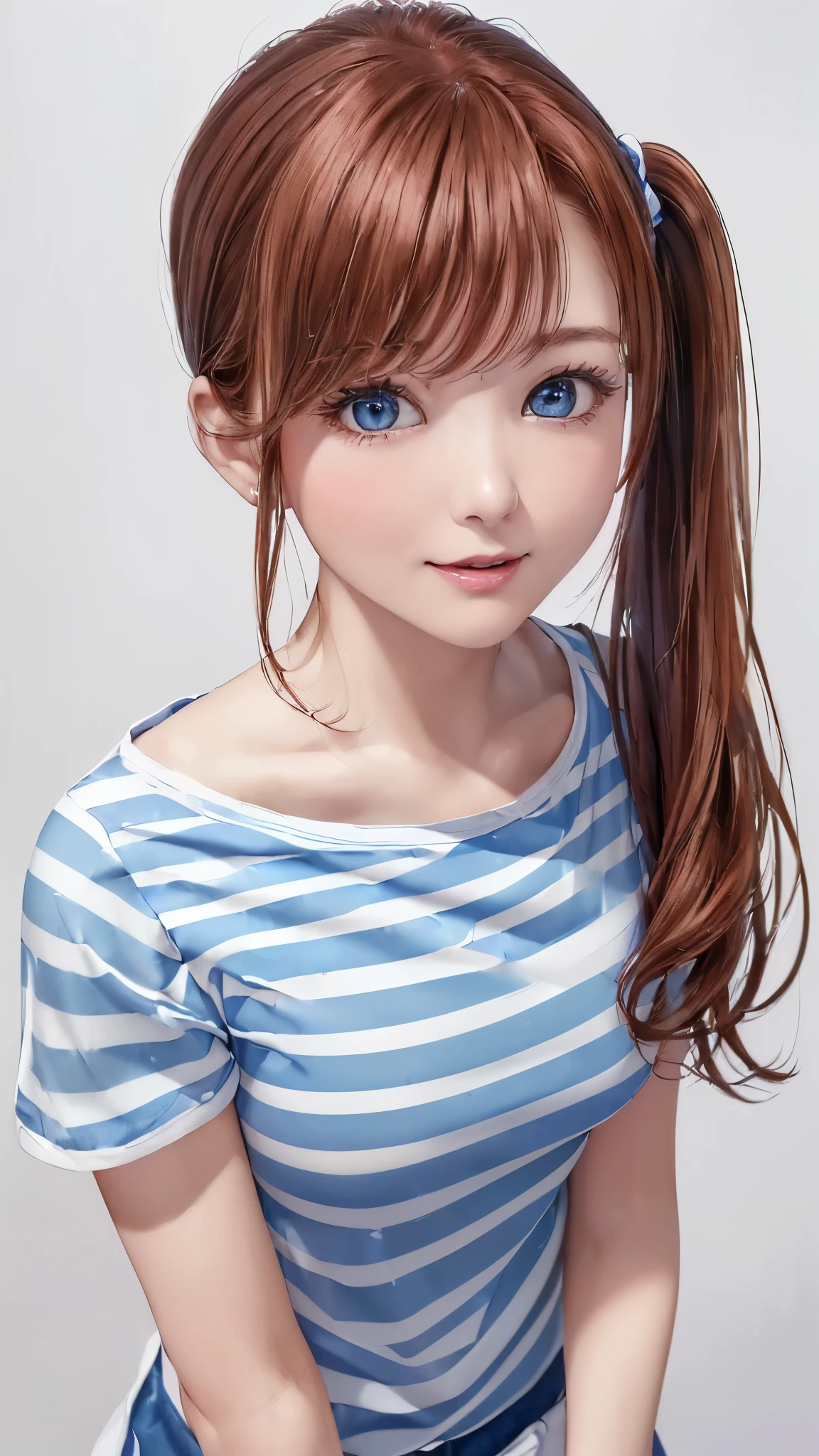 (((Cowboy Shot、Oil、Pure white wall background、masterpiece、Highest quality、High resolution)))、Redhead、Bright woman、Laughter、Side ponytail hair、(((I am wearing a blue and white T-shirt.)))、(((Striped T-shirt)))、Fashionable hairstyles、Loose and fluffy perm、Red cheeks、((No shadow.、Frame In))、Cute Face、((Small breasts))