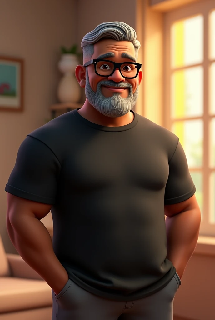 Create a stylized 3D cartoon character of a middle-aged black man with very short hair, wearing modern black glasses. The character should have a broad build but without a belly or muscular physique, and a friendly expression, but not smiling. His skin tone is dark brown with a warm undertone. The man has only two prominent vertical wrinkles on his forehead between his eyebrows. His beard is trimmed and sparse, with more white hairs on the chin and the rest being dark gray. His hair is gray, extremely short on top, styled to the right side, and shaved on the sides. The man has hairy arms and does not wear any accessories or jewelry, except for a black smartwatch. He is looking directly at the camera, not cross-eyed, and not smiling. The man is dressed in an oversized black t-shirt and dark gray pants without a belt. The character should be rendered in a stylized, animation-style, with a Pixar-like quality, using Arnold Maya render or toon Keyshot render. The rendering should be high quality, with cinematic lighting, sharp focus, detailed textures, detailed skin, clay-like finish, and bokeh effects in 8K resolution