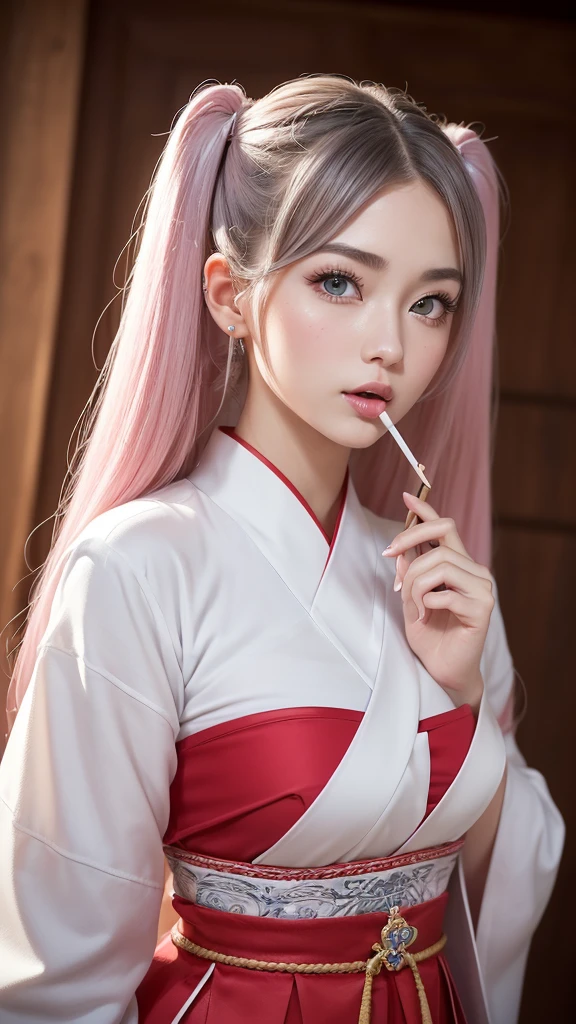 (A beautiful girl wearing a red traditional Chinese costume, seductively licking a lollipop, wearing headphones in a recording studio, posting cute poses on social media.) (This beautiful girl is , 18% Japanese, 26% French, 56% Ukrainian, 178 cm tall, small bust but stylish, with a beautifully balanced figure.) (Her hair is very long, pinkish gray, tied in twin tails with black ribbons, curling in a spiral towards the end.) (Her eyebrows are the same color as her hair, thin, slightly thick, short, and her eyelashes are long.) (Her big blue eyes reflect the light of the lighting and are amazingly beautiful like pearls.) (Her nose is high like an Englishman, her lips are plump and kissable, her skin is translucent white, and the proportions of her head and face are traditional Japanese.) Aesthetics. The number of fingers is also noteworthy, not too many or too few, and even the tips of her nails are very delicately expressed. (Single, Masterpiece, Ultra-detailed, Highest quality, Artistic composition, Ultra-accurate, Realistic, Photorealistic, High resolution, Dynamic lighting effects, Consider the proportions of the whole composition, Ultra-realistic). Try to highlight facial expressions and appearance. Try your best to meet all these criteria.