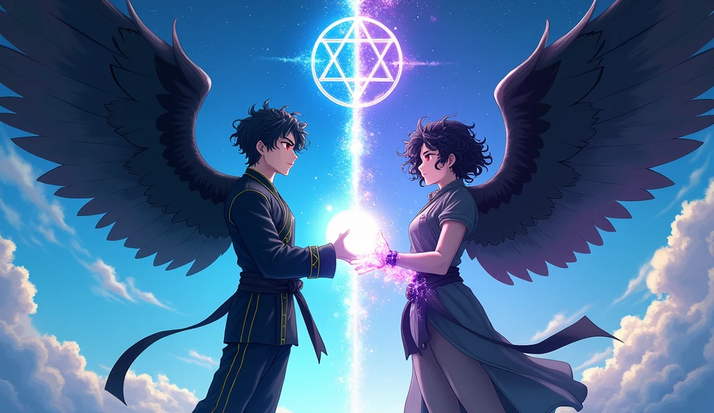 Anime-style illustration, high qualiy, 8k, conceptual artwork, divided into parts, inspired by Makoto Shinkai, clear image, digitalpainting, trends on ArtStation and Pixiv. The scene has a low-angle perspective, showing two humanoids in full view, divided into their own worlds by a sky-blue energy, positioned near the center of the illustration. The background features a contrasting scene with closed sky on the right and a starry night sky on the left, with natural lighting. Both characters have identical appearances: red-gold eyes, curly black hair with green bangs that reach the eyes. or adult, a Fallen Angel with an athletic physique, is in an upright pose, with his back slightly arched and his arms at his sides, looking at the sky with an expressionless expression. He wears tight martial arts clothes, made of black fabric with gold lines, designed with an opening in the back to accommodate his large, detailed wings, with stunning dark feathers. He also wears earrings. The boy, a typical Mage with a lean physique, is in a dynamic pose, with his right arm leaning forward, holding a white sacred energy sphere that floats in his hand, while purple magic shines intensely on his arm. Your expression is stern, with eyebrows furrowed in deep concentration. He wears loose clothes for the cold: Black pants with white stripes, gold shirt, black jacket with zipper and a gray sweater, besides a necklace with a blue sapphire. An illusory pentagram floats behind him, shining with symbols of light and darkness. one photo, two worlds, two mens, despite being identical, seek different things.
