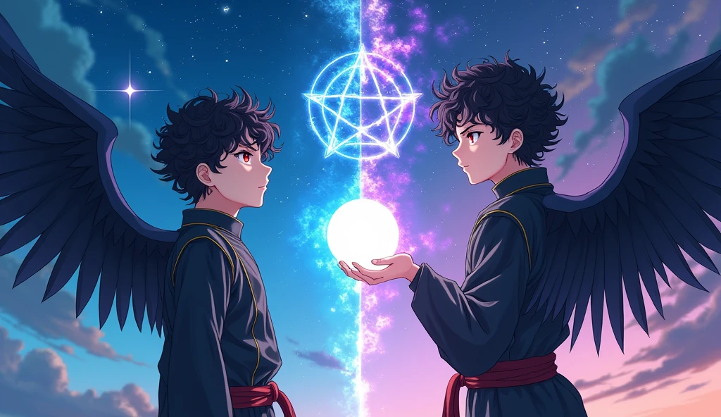 Anime-style illustration, high qualiy, 8k, conceptual artwork, divided into parts, inspired by Makoto Shinkai, clear image, digitalpainting, trends on ArtStation and Pixiv. The scene has a low-angle perspective, showing two humanoids in full view, divided into their own worlds by a sky-blue energy, positioned near the center of the illustration. The background features a contrasting scene with closed sky on the right and a starry night sky on the left, with natural lighting. Both characters have identical appearances: red-gold eyes, curly black hair with green bangs that reach the eyes. or adult, a Fallen Angel with an athletic physique, is in an upright pose, with his back slightly arched and his arms at his sides, looking at the sky with an expressionless expression. He wears tight martial arts clothes, made of black fabric with gold lines, designed with an opening in the back to accommodate his large, detailed wings, with stunning dark feathers. He also wears earrings. The boy, a typical Mage with a lean physique, is in a dynamic pose, with his right arm leaning forward, holding a white sacred energy sphere that floats in his hand, while purple magic shines intensely on his arm. Your expression is stern, with eyebrows furrowed in deep concentration. He wears loose clothes for the cold: Black pants with white stripes, gold shirt, black jacket with zipper and a gray sweater, besides a necklace with a blue sapphire. An illusory pentagram floats behind him, shining with symbols of light and darkness. one photo, two worlds, two mens, despite being identical, seek different things.