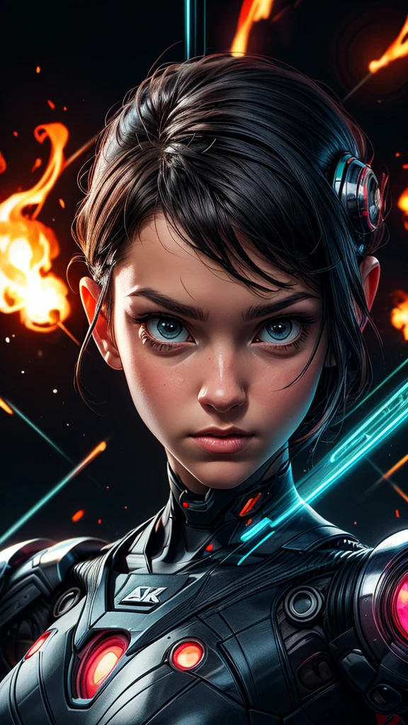 Design a 4k poster featuring a cyborg theme, detailed headshot of a cyborg short curcuiting sparks everywhere, --q 200 ==glitch 500