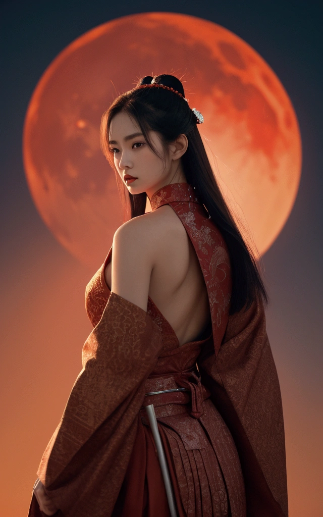 The picture shows a beautiful woman.,White skin,Sexy lips,Dressed in red and silver samurai attire, Standing against the backdrop of a massive red moon,The sky is awash in deep red hues reflecting the moonlight.The woman is situated on the left side of the frame, Face to the right,tilt head slightly upward. It was dressed in an elaborate costume resembling that of a traditional samurai., Featuring intricate designs and patterns. The clothing is mainly red.,Adorned with silver accents, Increase visual depth. Her eyes are focused on something in the distance. There is a sword on his back, Suggesting a battle-ready or ceremonial stance. The red moon in the background casts an orange tone over the entire scene, Creating a dramatic and tense atmosphere, Retina, precise, masterpiece, Super Detail, High Detail, best quality, The award-winning, high resolution, HD, 4K, 8K, 16K, Retina, precise, masterpiece, Anatomically correct, Textured Skin, Super Detail, high quality, The award-winning, high resolution, 8K, 16K