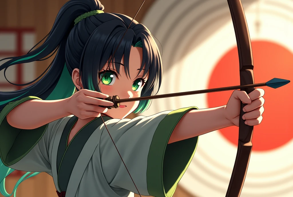 (masterpiece, detailed_anime, official art, octane-render):1.33, 1girl, side_view, japanese_bow, traditional_clothing, hakama, shooting_target, focused_eyes, determined_expression,(detailed green eyes, jet-black hair,colored inner green ombre hair multicolored hair,antenna hair):1.21, dojo_background, Japanese_archery, dynamic_pose, perfect_form, elegant, traditional_sport, detailed_background, precise_aim, serene_atmosphere, traditional_culture, martial_arts, beautiful_girl, arrow_in_flight, traditional_uniform, concentration, calm_expression, traditional_dojo, Japanese_girl, japanese_bow,_stance, poised,, in the style of bold and graphic compositions, mosaic-like collages, pop culture mashup, multiple screens, light red and light bronze, magali villeneuve, macro zoom, outlandish energy, contemporary frescoes, chaotic academia, digital as manual, ethereal lighting