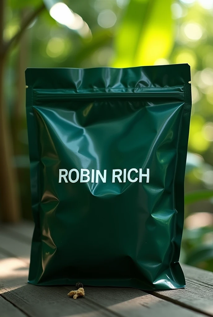 Dark green LDPE polybag with ROBIN RICH written in white