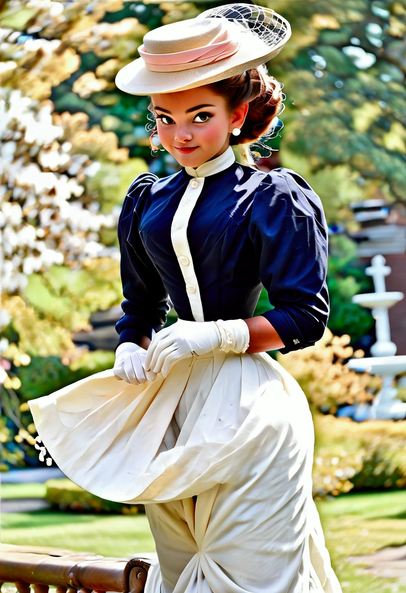 Year 1898. Humanized Minnie Mouse as a pretty, flirty **** girl. 1890_dr3ss. Victorian high-collar navy blue dress with (((long puff sleeves cuffed into wrist-high white silk gloves. )))Powder blue sash cinched around her waist. Navy blue ankle skirt. (((Pink straw boater hat with a stuffed white bird held on top and a veil in the front))). Long brunette hair (((tied into a bun enclosed in a net))). Wasp waist. (((Bubble butt sticking out))). Petticoats. Thigh-high silk stockings. High-waisted open bloomers. (((White high-heel button boots:1.2))). 1890s fashion. Victorian park setting. Full body 