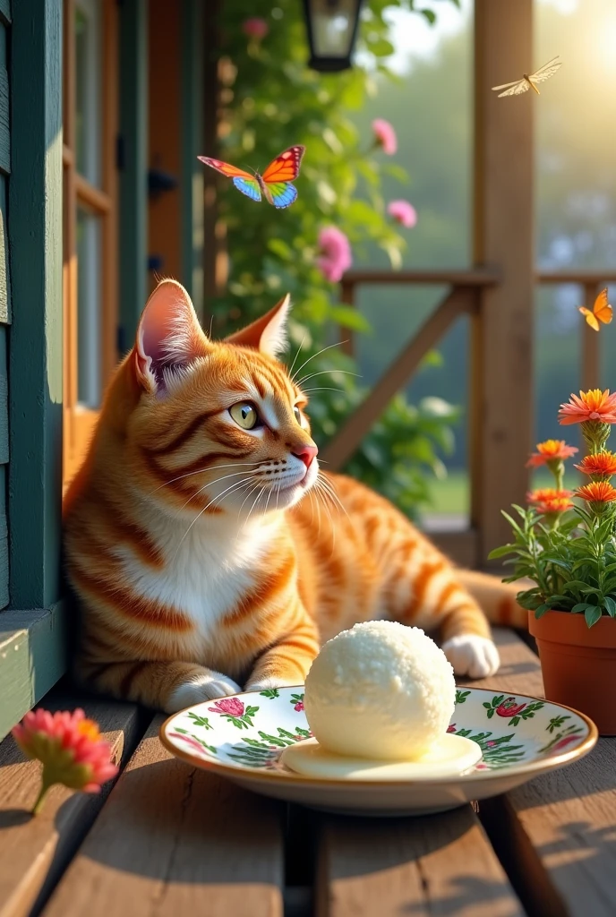 ginger age cat with white and green spots sits on the porch of a village house, White drops on his whiskers, A painted saucer stands on the floor in front of the cat., There is one melted ball of white ice cream in the saucer, The sun is shining outside, There are flowers growing near the porch, over which colorful butterflies and a dragonfly hover