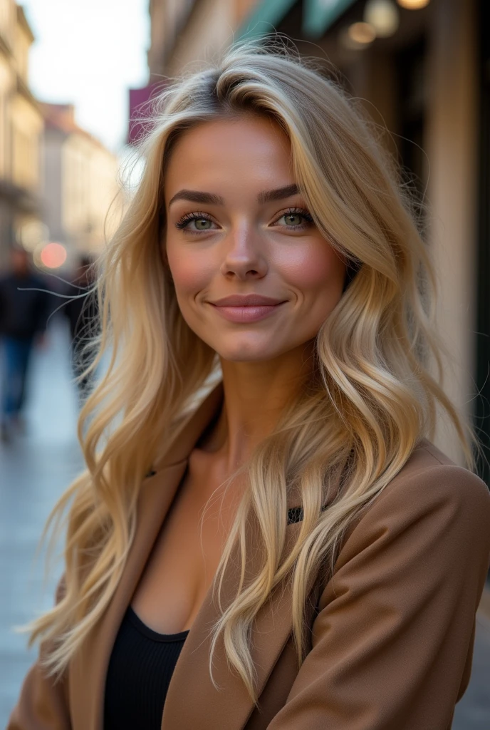 a beautiful 1girl, blonde hair, green eyes, big eyes, cute smile, big boobs, european girl, 23 years old, city (best quality,4k,8k,highres,masterpiece:1.2),ultra-detailed,(realistic,photorealistic,photo-realistic:1.37),HDR,UHD,studio lighting,ultra-fine painting,sharp focus,physically-based rendering,extreme detail description,professional,vivid colors,bokeh,portrait