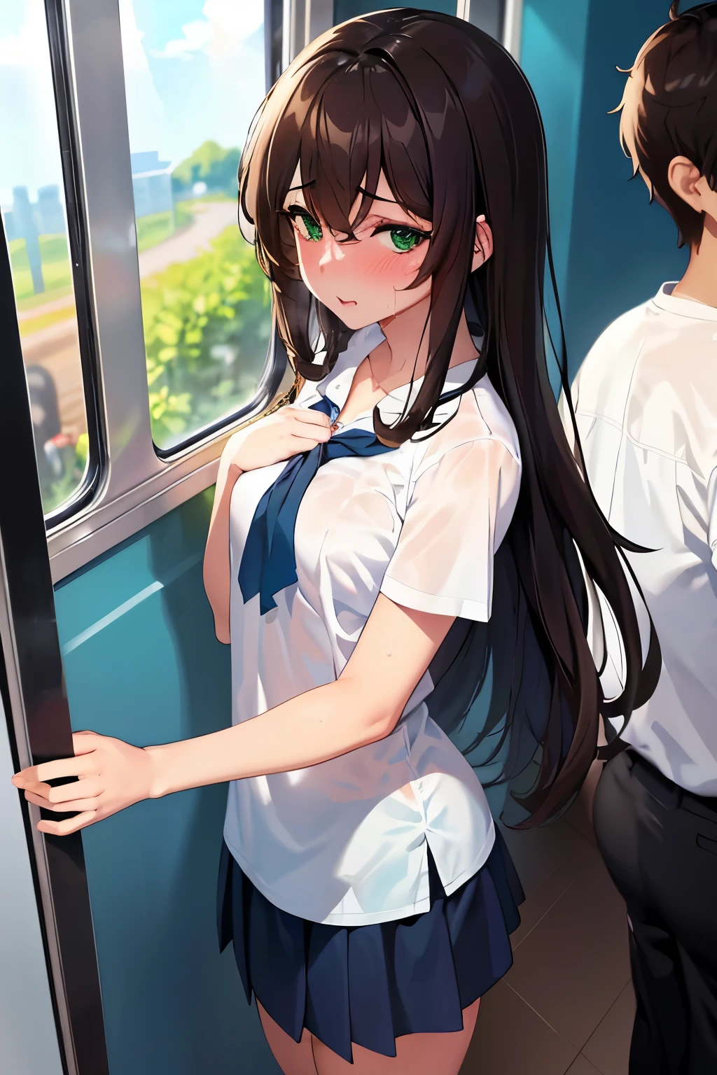 ((masterpiece, Highest quality, High resolution, 超High resolution, Pixel perfect, Written boundary depth, 4K, RTTX 10.0, High resolution))), 1 person, single, alone, Beautiful Anime, Beautiful art style, Anime characters, ((Shortcuts, bangs, Dark brown hair)), ((Green Eyes:1.4, Round eyes, Beautiful eyelashes, current eyes)), ((Smooth texture:0.75, Anime CG style)), ((Dynamic Angle, close)), Perfect body, (cute), Normal chest, whole body, ((4K, 8k, Highest quality, Perfect Fingers: 1.3, Perfect Anatomy: 1.3, Background Blur)), whole bodyアングル, Illustration of someone commuting by train in the heat, OL, The character is wearing a white shirt and a navy blue skirt., He is sweating and looks a little tired., Wiping sweat with a handkerchief, The background shows the inside of a crowded train., The strong summer sunlight is shining outside the window., The overall scene conveys the heat of summer and the difficulty of commuting.