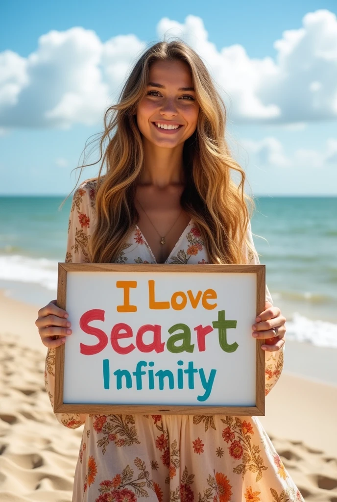 Beautiful girl with wavy long hair, bohemian dress, holding a white board with text "I Love Seaart Infinity" and showing it to the viewer