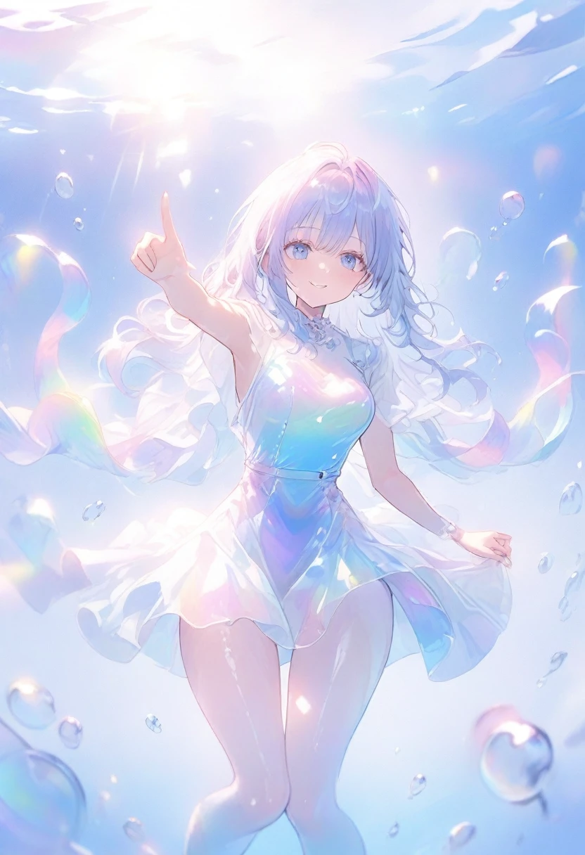 (Super detailed, 8K, best quality, ultra detailed, masterpiece), underwater, A lot of bubbles, Paleblue-blue gradient coloed water, nice, bright, Light shines through the water, Beautiful and mysterious teenage girl with a sweet smile, She is holding her thighs and pointing one toe up, drifting of underwater, The girl is tall and medium bust,sparkling dark blue eyes, Her long rainbow-colored hime-cut hair is flowing, shiny glossy iridescent clothes, shiny reflective clothes, pastel, lens Flare, soft gradient　