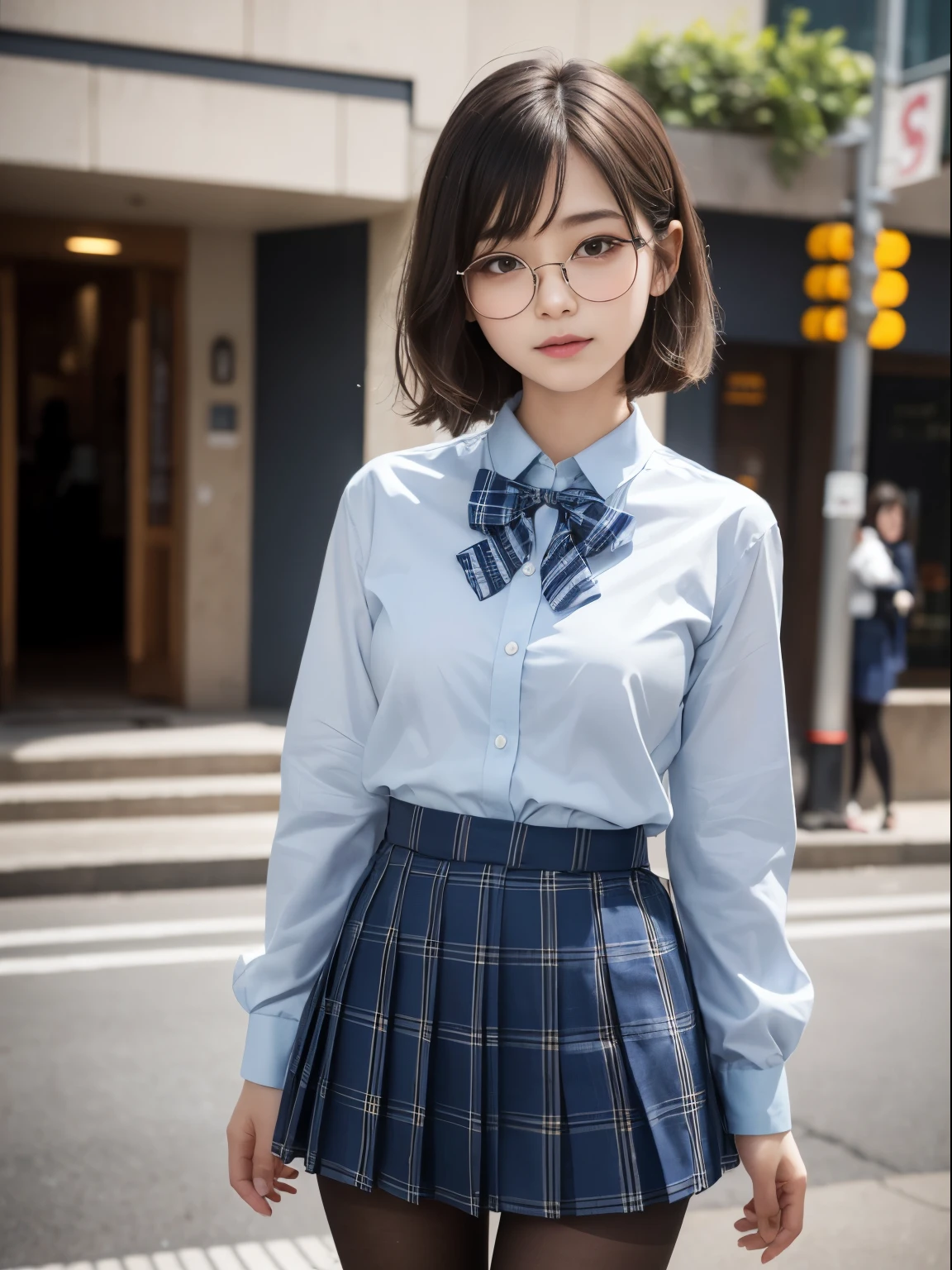 (8k、生photograph、 Highest quality、masterpiece:1.2)、(Short Hair)、(Small eyes)、((Black Pantyhose))、((Small breasts)、(Small breasts)、(Small breasts)、(Cutting board)、(Half an eye))、((Sleepy eyes))、((Squint your eyes))、(Round Glasses)、Droopy eyes、One person、cute、JK、high school girl、Japanese women、(Are standing)、(PhotoReactive:1.37)、Photon Mapping、Real、(Very delicate face)、round face、cute小さな顔、Brown eyes、(Red bow tie)、Radio City、Physically Based Rendering、Prospect、Character boundary depth、Blurred Background、photograph、、body、Beautiful feet、Long legs、Thin legs、(前hairが見える)、hair、lips、Blue_The目、Soft Nose、(Light blue shirt)、(Navy, blue and white plaid pleated skirt)、High school uniforms、See-through clothing、Thighs、black cotton socks、Nogizaka Idol、Japanese Idol