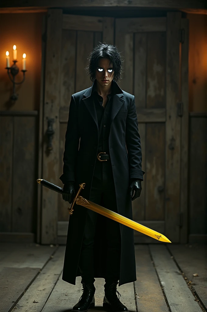 1 guy, black messy hair, white eyes, tired eyes, black coat, black gloves, black shirt, black pants, black shoes, yellow sword excalibur, wooden house