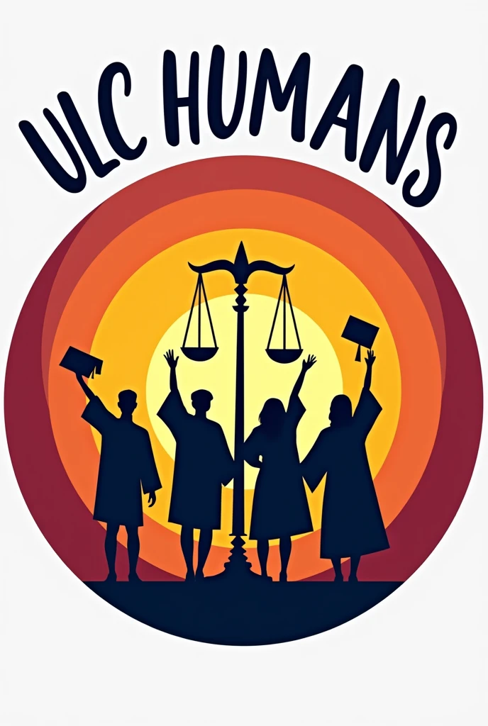 make a round beautiful logo and show 4 students of convocation wearing their caps in shadow holding their degrees and hands and also mention the symbol of justice b/w them and in the back mention (ULC Humans) beautifully in bold fonts