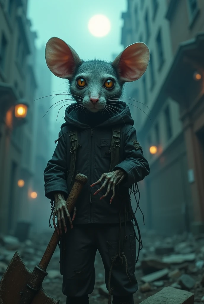 (Ultra detailed), a chilling full-size portrait of a decaying anthro rat, zombie, holding an aged, rusted axe, ((corpse-like skin)), ((detailed hands grasping the axe tightly)), ((loose, tattered clothes)), ((dull eyes with a hollow, vacant stare)), ((lean body with prominent bones and rat-like features)), ((backdropped by a desolate, abandoned cityscape under a moonlit, foggy night))., trending on artstation,foxovh, cenematic lighting, detailed background, ((haunting, eerie, menacing aura)), cyberpunk anthro rat male wearing cyberpunk outit in a destroyed city . shallow depth of field, vignette, highly detailed, high budget, bokeh, cinemascope, moody, epic, gorgeous, film grain, grainy, high quality photography, 3 point lighting, flash with softbox, 4k, Canon EOS R3, hdr, smooth, sharp focus, high resolution, award winning photo, 80mm, f2.8, bokeh
