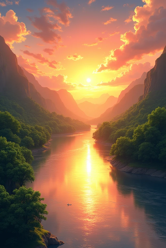 Anime The sunsets over the river valley to cause the golden glow on water illuminating th lush hills  
Full green trees