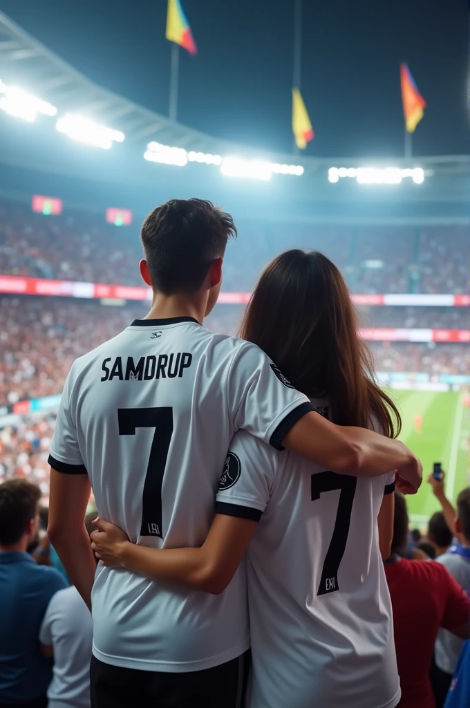 Young man with realmadrid shirt wearing 7 jersey and name as Samdrup at back of shirt.and a girl wearing 7 realmadrid jersey number and name as Leki at her back of shirt.make both of them hugging and at foot ball stadium.