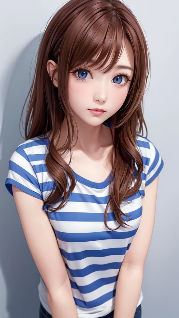 (((Cowboy Shot、oil、Pure white wall background、masterpiece、Highest quality、High resolution)))、Redhead、Side ponytail hair、(((I am wearing a blue and white T-shirt.)))、(((Striped T-shirt)))、Fashionable hairstyles、Loose and fluffy perm、Red cheeks、((No shadow.、Frame In))、Cute Face、((Small breasts))、I am angry.、arms crossed in front of chest