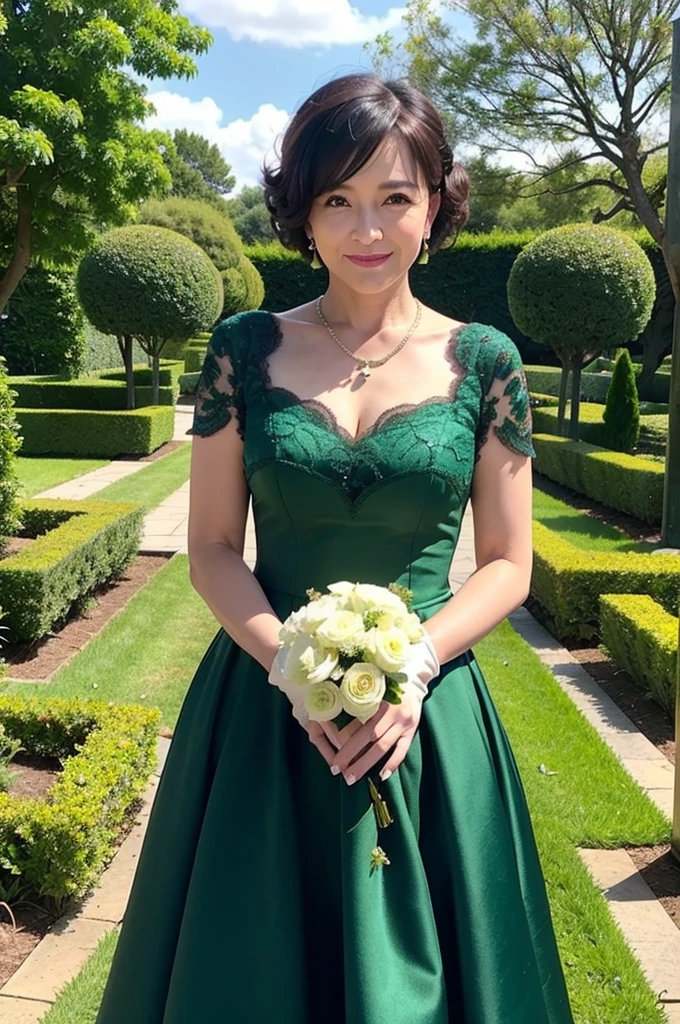 ((Masterpiece)), ((Best Quality)), A middle-aged short-hair woman, ((She is wearing an ornamental emerald green color wedding dress)), She is wearing gloves on her hands., outdoor, She is in a garden. She is wearing a big necklace.