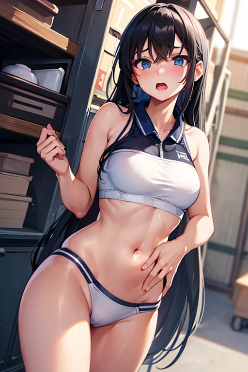 A high school girl in a track and field uniform, a white sports bra-like uniform, with black hair and blue eyes, who is surprised and screams with her eyes wide open in the warehouse.