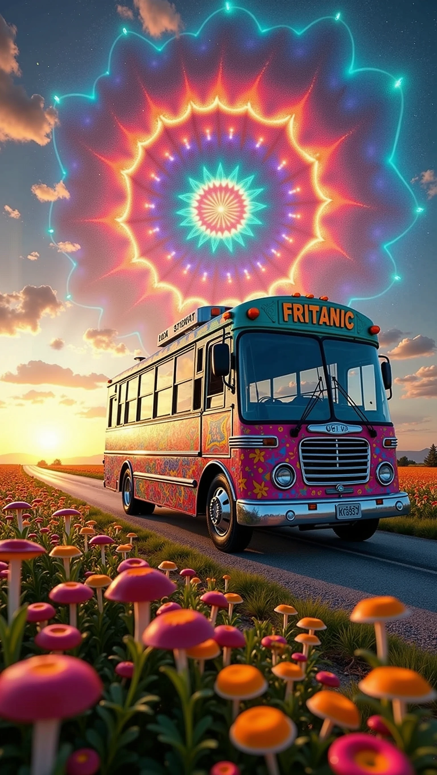 An ultra-realistic and highly detailed image of a large tour bus with the name "FRITANIC" written on the side in playful letters. The bus features a psychedelic and cheerful paint job. The environment exudes positive energy. The bus is traveling on a country road early in the morning, passing through fields filled with flowers and hallucinogenic mushrooms. The sky displays a massive Hindu mandala in an alucinogenic sky. The colors are vibrant. The scene is captured with a Fujifilm X-T4 paired with a 16-55mm f/2.8 R LM WR lens, ensuring stunning clarity and rich details. The lighting is bright and colorful, highlighting the vibrant colors of the bus and the surrounding landscape. The aspect ratio is 9:16, emphasizing the vertical composition 