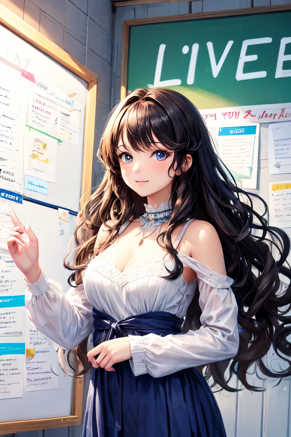Beautiful girl with wavy long hair, bohemian dress, holding a white board with text "I Love Seaart Infinity" and showing it to the viewer