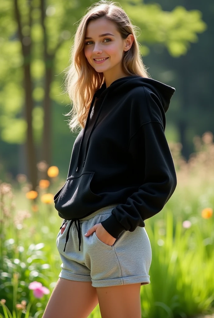 A woman in grey lounge dolphin shorts and a black hoodie