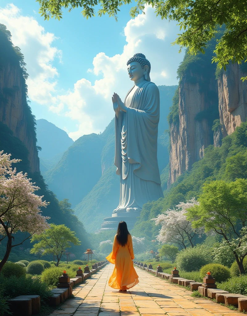 Design a scene of a person and the Leshan Giant Buddha Scenic Area. It can be any style, any angle, but the perspective light and shadow are reasonable