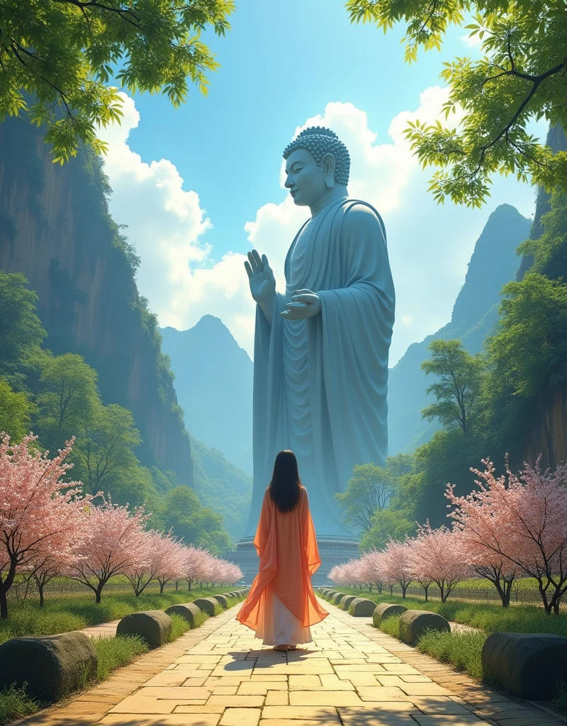 Design a scene of a person and the Leshan Giant Buddha Scenic Area. It can be any style, any angle, but the perspective light and shadow are reasonable