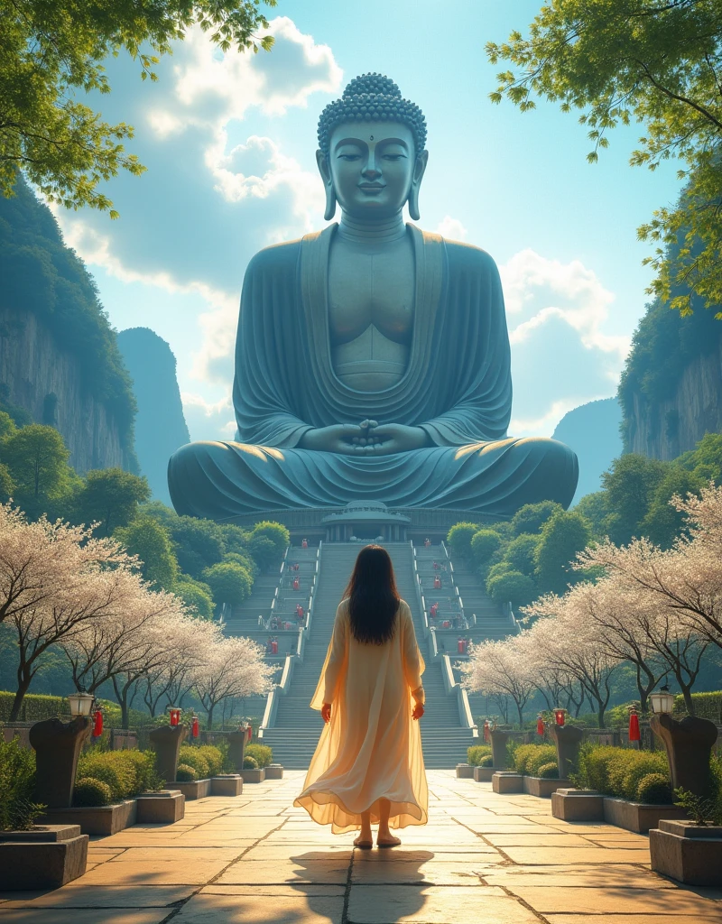 Design a scene of a person and the Leshan Giant Buddha Scenic Area. It can be any style, any angle, but the perspective light and shadow are reasonable