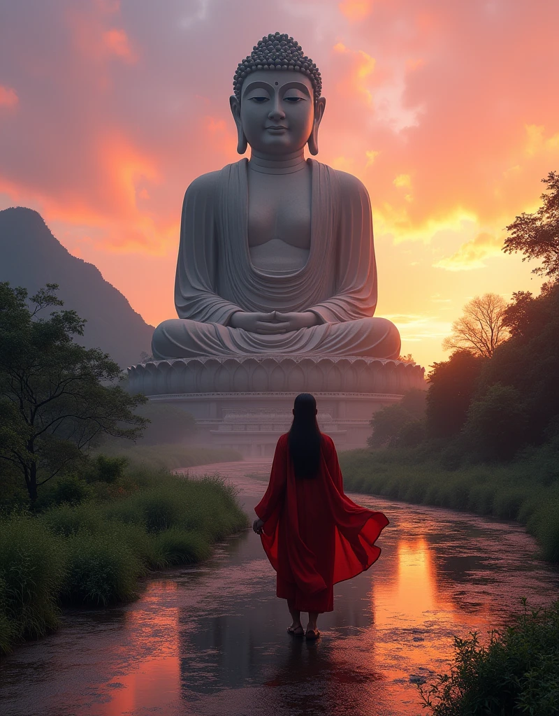Design a scene of a person and the Leshan Giant Buddha Scenic Area. It can be any style, any angle, but the perspective light and shadow are reasonable