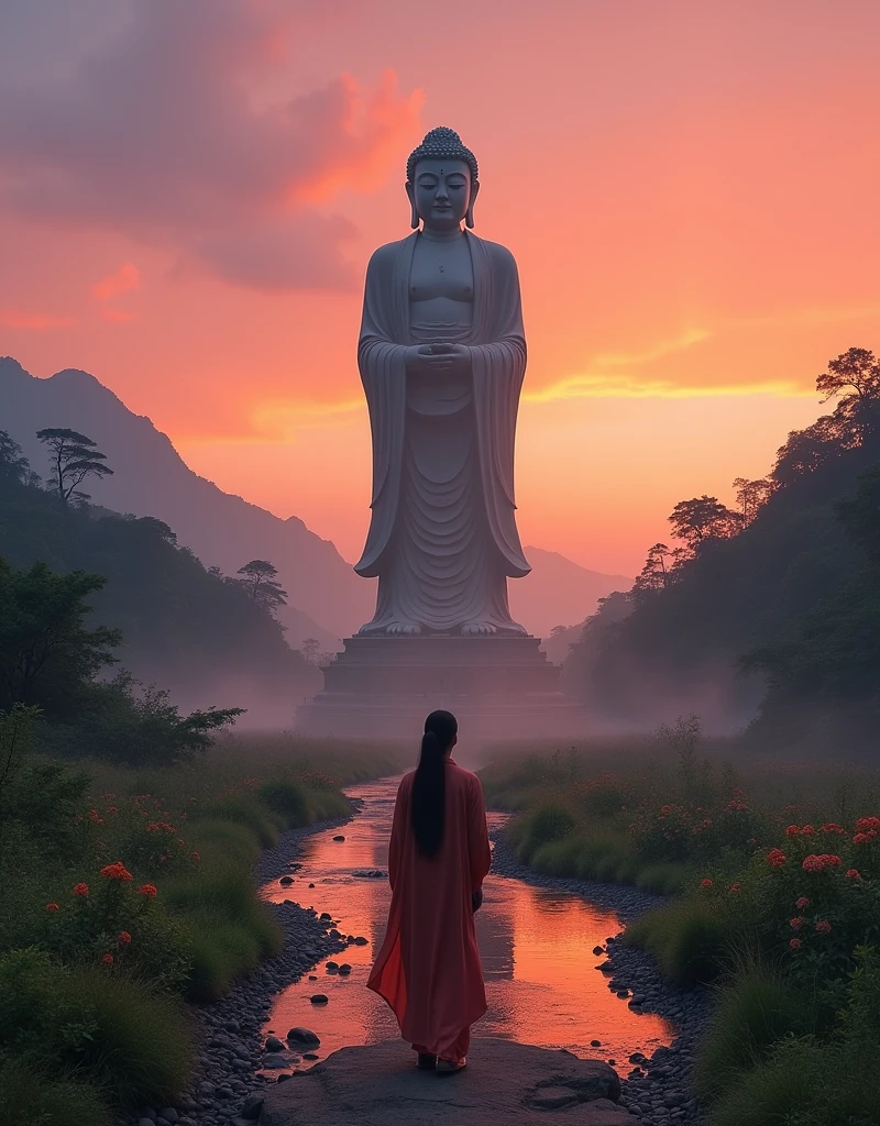Design a scene of a person and the Leshan Giant Buddha Scenic Area. It can be any style, any angle, but the perspective light and shadow are reasonable