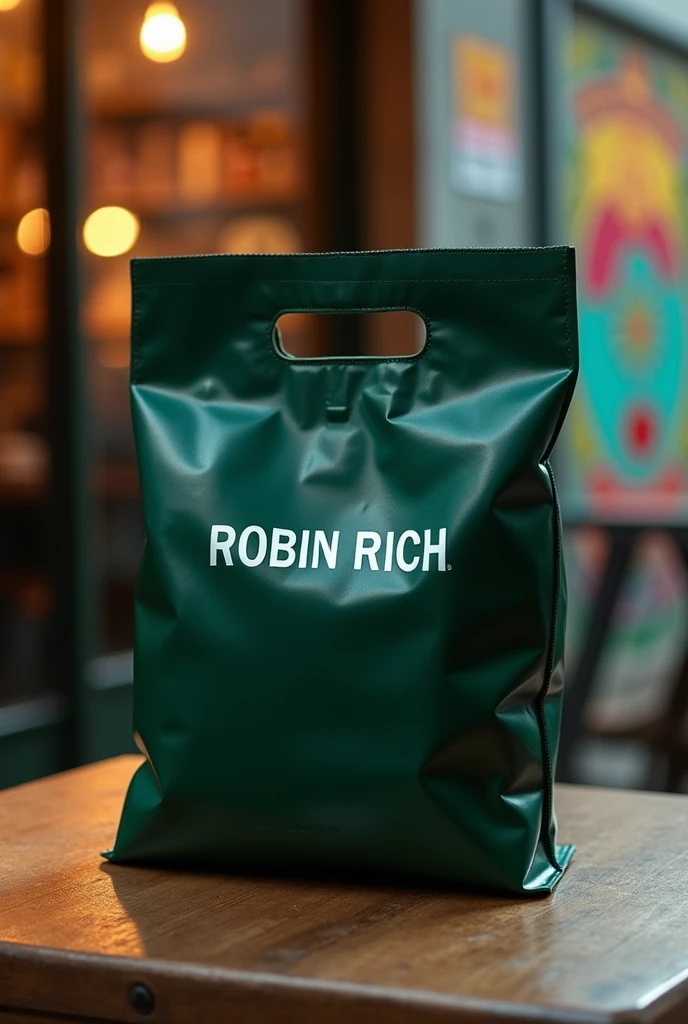 Dark green LDPE polybag with ROBIN RICH written in white