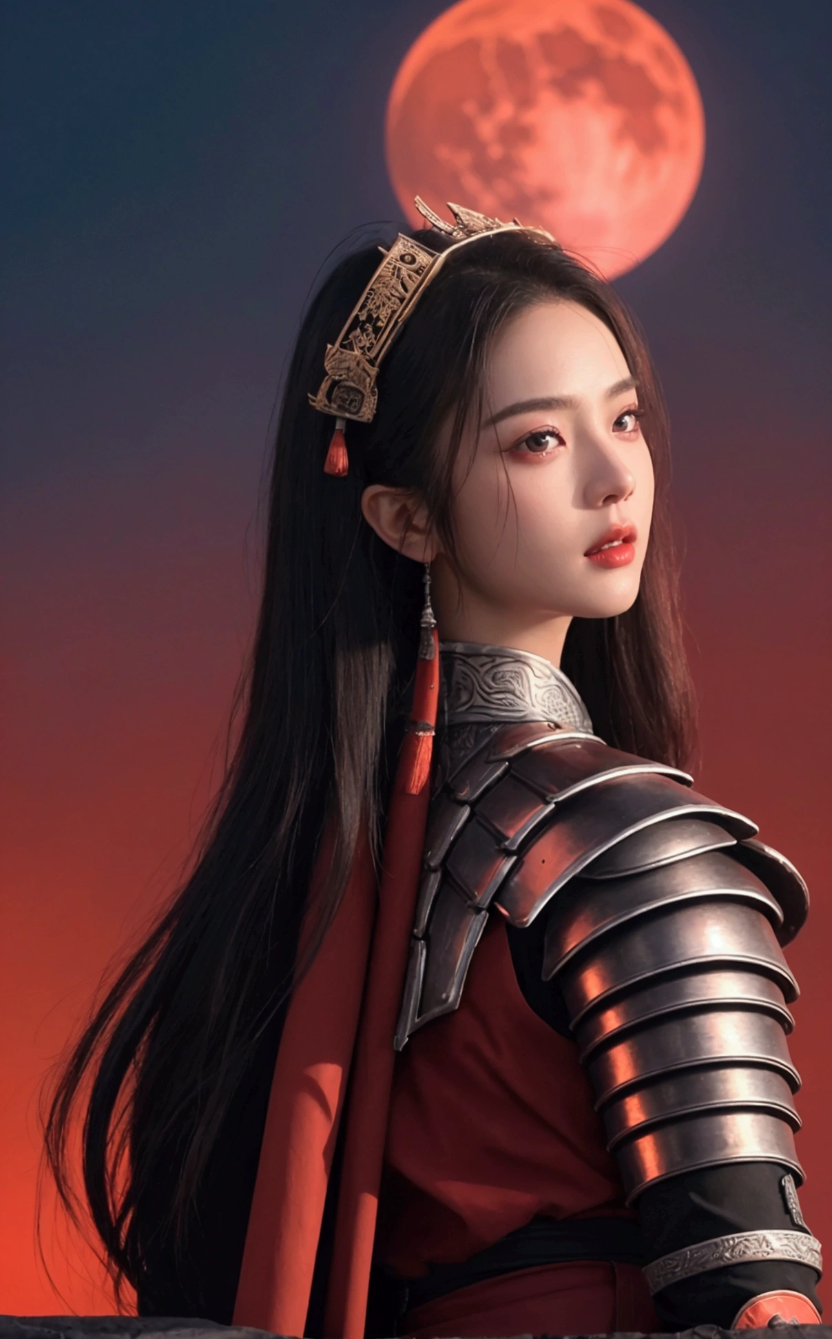 The picture shows a beautiful woman.,White skin,Sexy lips,Dressed in red and silver samurai attire, Standing against the backdrop of a massive red moon,The sky is awash in deep red hues reflecting the moonlight.The woman is situated on the left side of the frame, Face to the right,tilt head slightly upward. It wears an elaborate armor resembling traditional samurai armor, Featuring intricate designs and patterns. The armor is predominantly red,Adorned with silver accents, Increase visual depth. Her eyes are focused on something in the distance. There is a sword on his back, Suggesting a battle-ready or ceremonial stance. The red moon in the background casts an orange tone over the entire scene, Creating a dramatic and tense atmosphere, Retina, precise, masterpiece, Super Detail, High Detail, best quality, The award-winning, high resolution, HD, 4K, 8K, 16K, Retina, precise, masterpiece, Anatomically correct, Textured Skin, Super Detail, high quality, The award-winning, high resolution, 8K, 16K