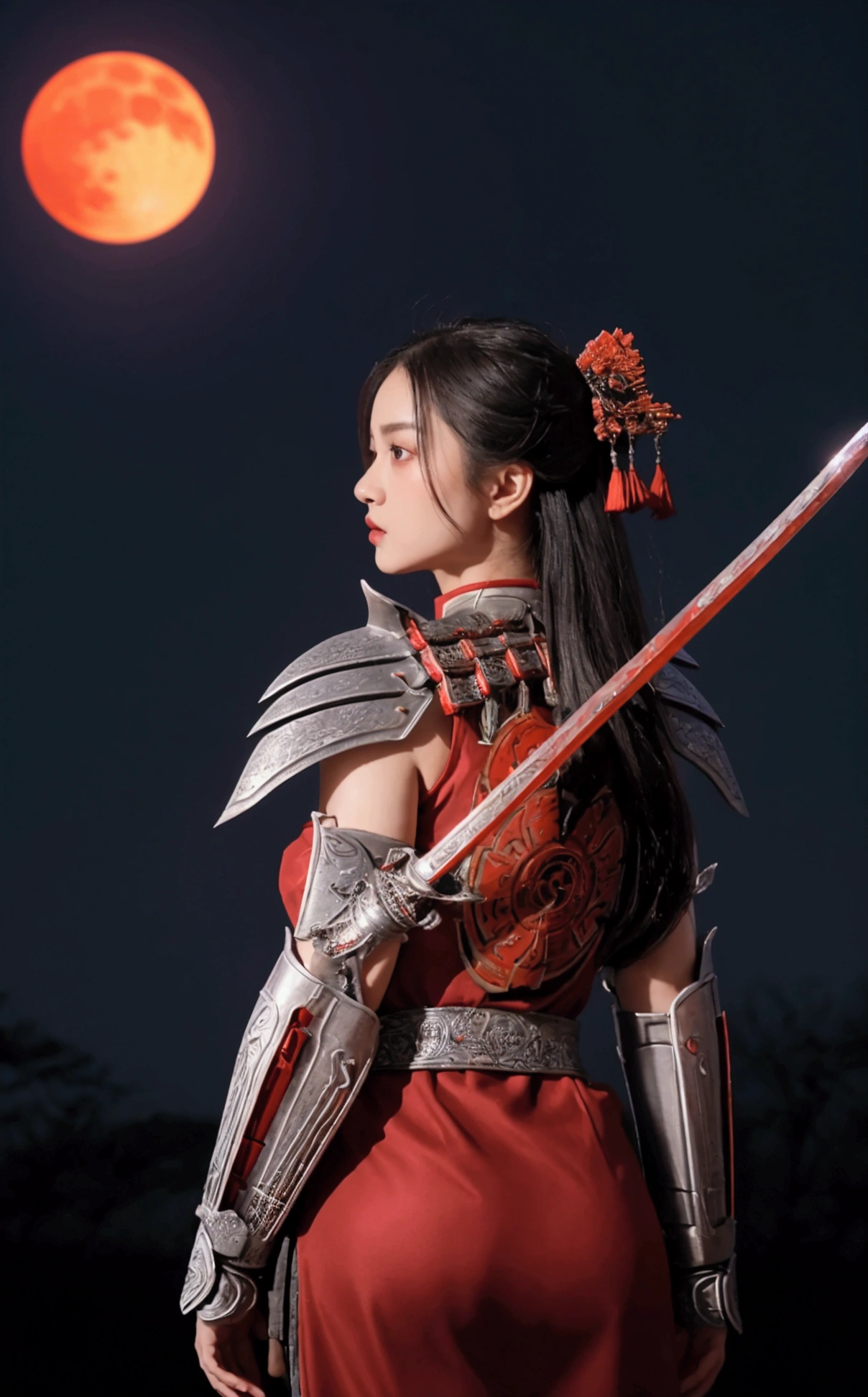 The picture shows a beautiful woman.,White skin,Sexy lips,Dressed in red and silver samurai attire, Standing against the backdrop of a massive red moon,The sky is awash in deep red hues reflecting the moonlight.The woman is situated on the left side of the frame, Face to the right,tilt head slightly upward. It wears an elaborate armor resembling traditional samurai armor, Featuring intricate designs and patterns. The armor is predominantly red,Adorned with silver accents, Increase visual depth. Her eyes are focused on something in the distance. There is a sword on his back, Suggesting a battle-ready or ceremonial stance. The red moon in the background casts an orange tone over the entire scene, Creating a dramatic and tense atmosphere, Retina, precise, masterpiece, Super Detail, High Detail, best quality, The award-winning, high resolution, HD, 4K, 8K, 16K, Retina, precise, masterpiece, Anatomically correct, Textured Skin, Super Detail, high quality, The award-winning, high resolution, 8K, 16K