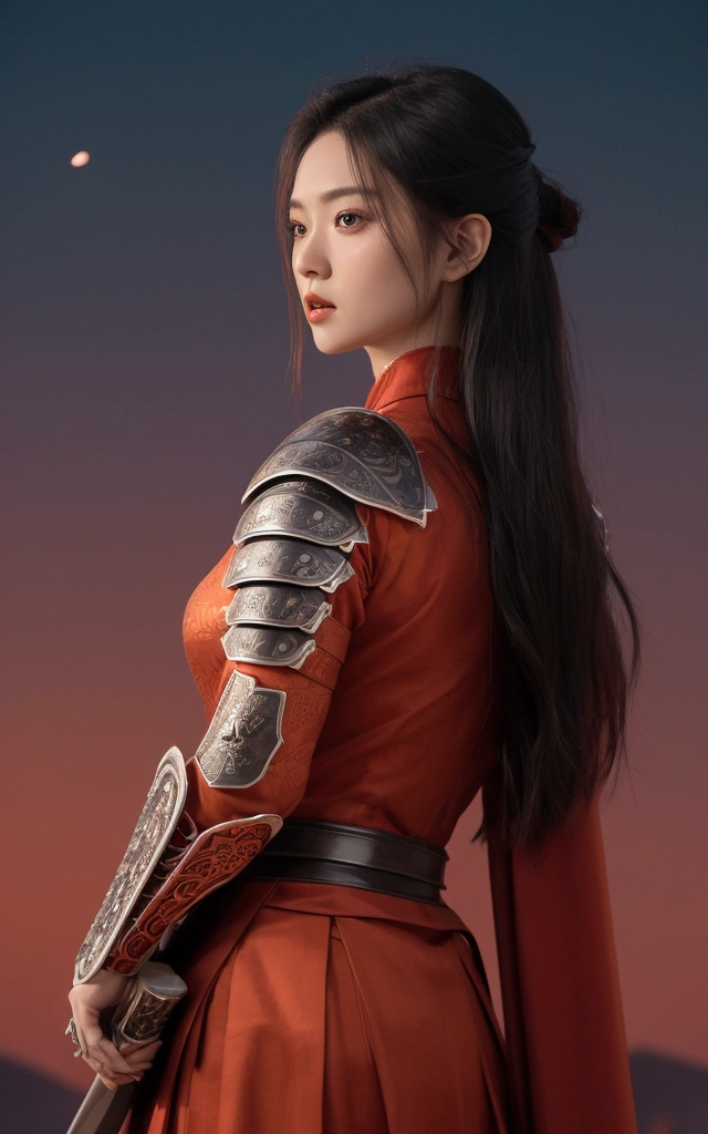 The picture shows a beautiful woman.，White skin，Sexy lips，Dressed in red and silver samurai attire, Standing against the backdrop of a massive red moon，The sky is awash in deep red hues reflecting the moonlight.The woman is situated on the left side of the frame, Face to the right，tilt head slightly upward. It wears an elaborate armor resembling traditional samurai armor, Featuring intricate designs and patterns. The armor is predominantly red，Adorned with silver accents, Increase visual depth. Her eyes are focused on something in the distance. There is a sword on his back, Suggesting a battle-ready or ceremonial stance. The red moon in the background casts an orange tone over the entire scene, Creating a dramatic and tense atmosphere, Retina, precise, masterpiece, Super Detail, High Detail, best quality, The award-winning, high resolution, HD, 4K, 8K, 16K, Retina, precise, masterpiece, Anatomically correct, Textured Skin, Super Detail, high quality, The award-winning, high resolution, 8K, 16K