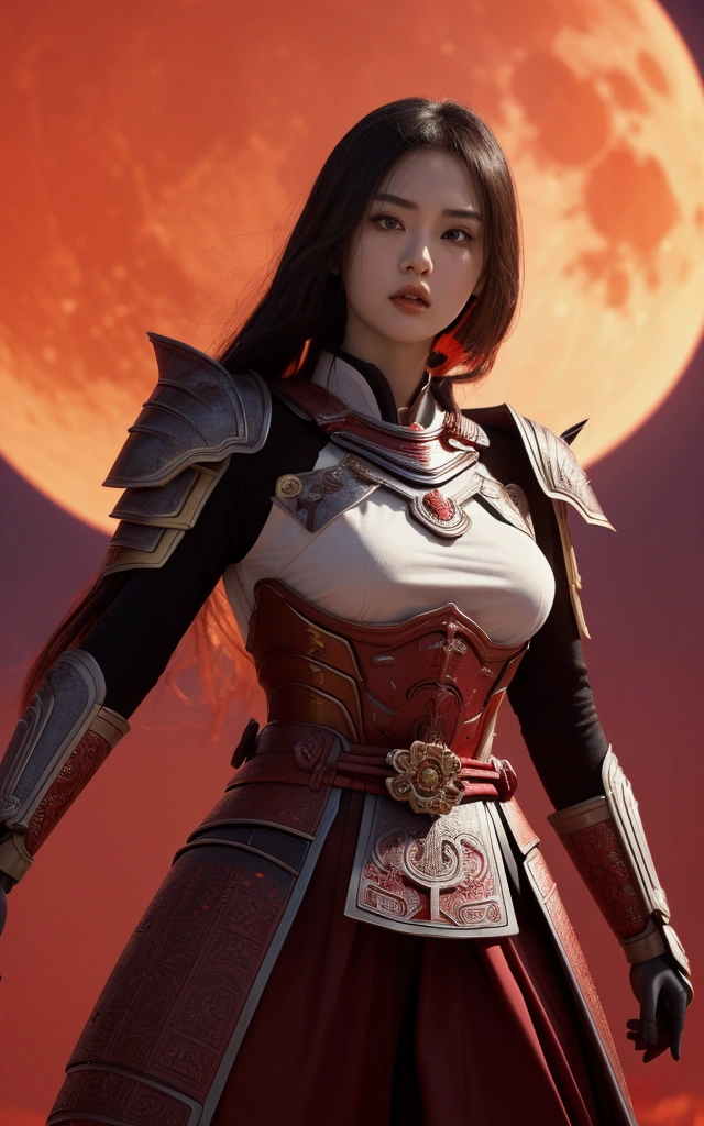 The picture shows a beautiful woman.，White skin，Sexy lips，Dressed in red and silver samurai attire, Standing against the backdrop of a massive red moon，The sky is awash in deep red hues reflecting the moonlight.The woman is situated on the left side of the frame, Face to the right，tilt head slightly upward. It wears an elaborate armor resembling traditional samurai armor, Featuring intricate designs and patterns. The armor is predominantly red，Adorned with silver accents, Increase visual depth. Her eyes are focused on something in the distance. There is a sword on his back, Suggesting a battle-ready or ceremonial stance. The red moon in the background casts an orange tone over the entire scene, Creating a dramatic and tense atmosphere, Retina, precise, masterpiece, Super Detail, High Detail, best quality, The award-winning, high resolution, HD, 4K, 8K, 16K, Retina, precise, masterpiece, Anatomically correct, Textured Skin, Super Detail, high quality, The award-winning, high resolution, 8K, 16K